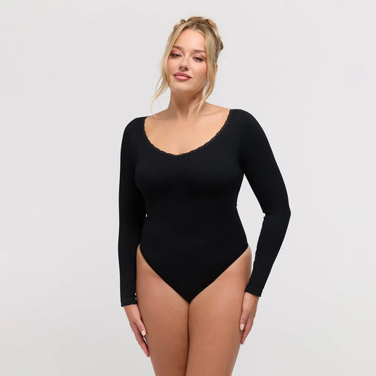 Ribbed Longsleeve V-Neck Sculpting Lace Bodysuit with String